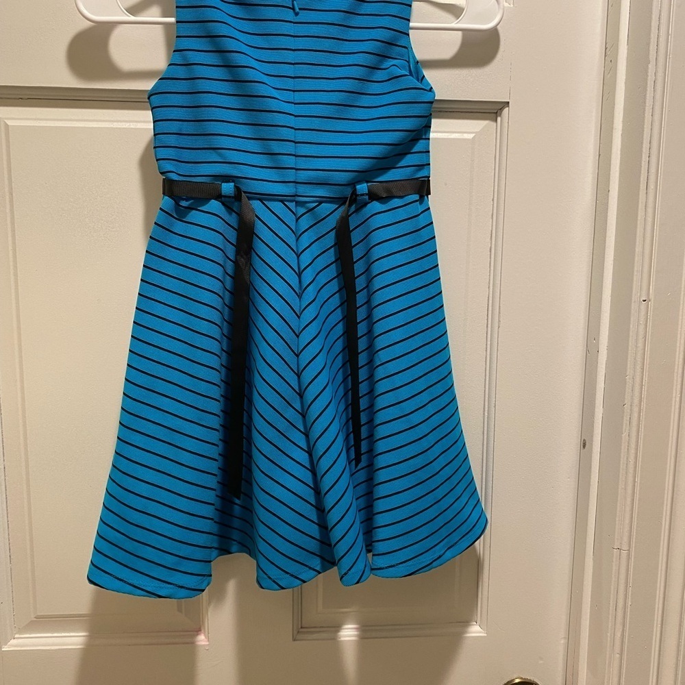 Blue Striped Kids Dress with Floral Belt - Picture 2 of 2